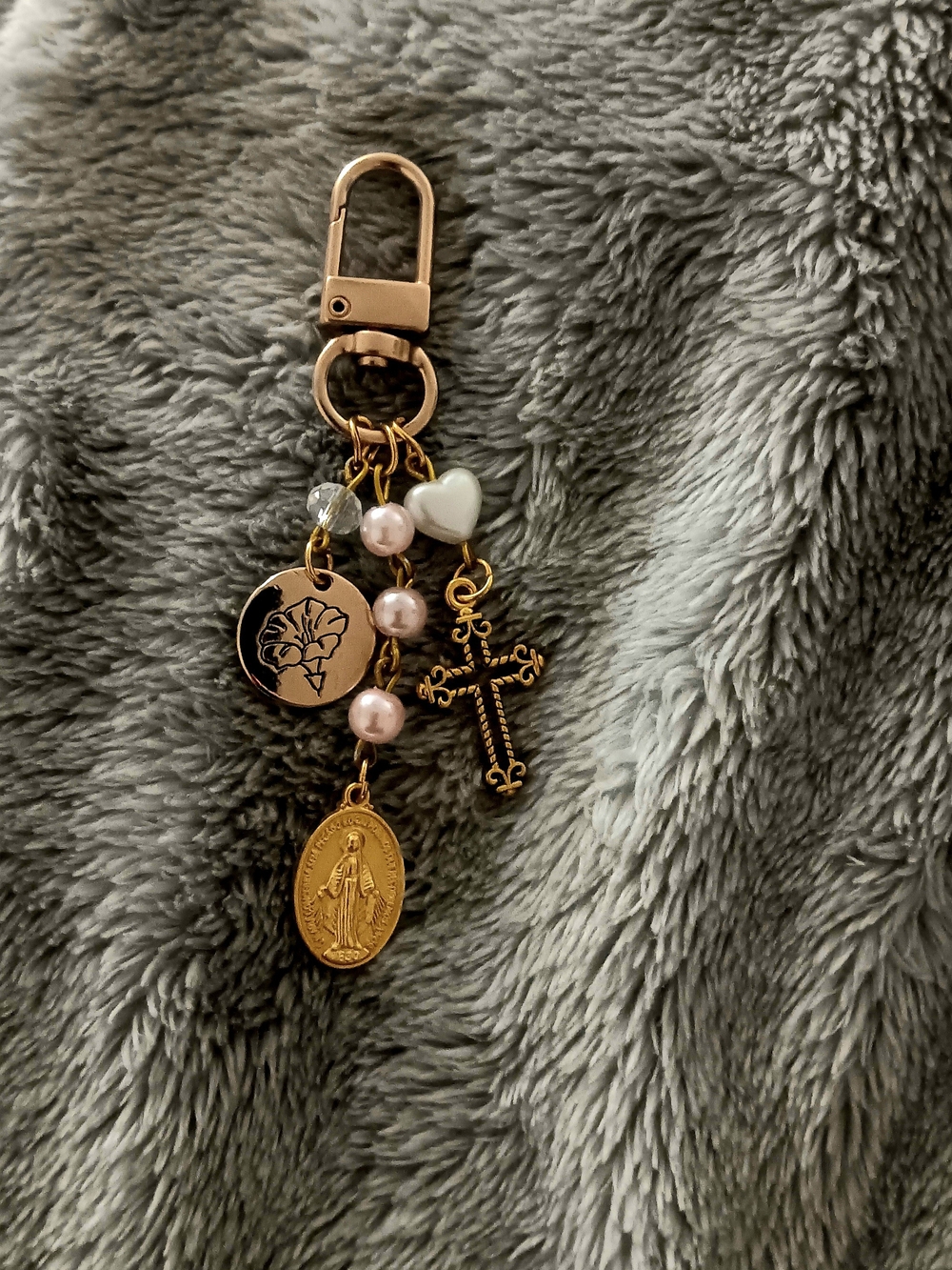 Gold-Tone Religious Charm Keychain with Pink Pearls